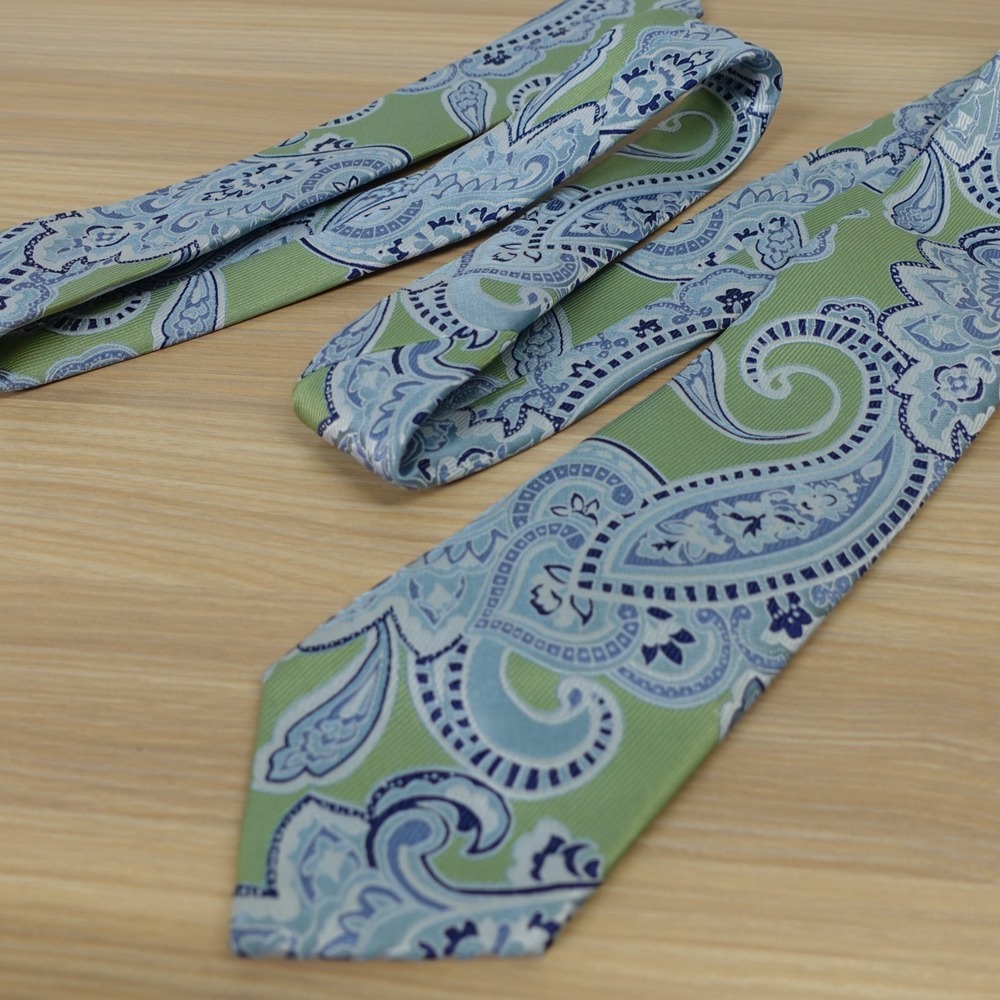 Blue Paisley Neck Tie Mens Sage Green Jacquard Spring MOD Hand Made NICK GRAHAM